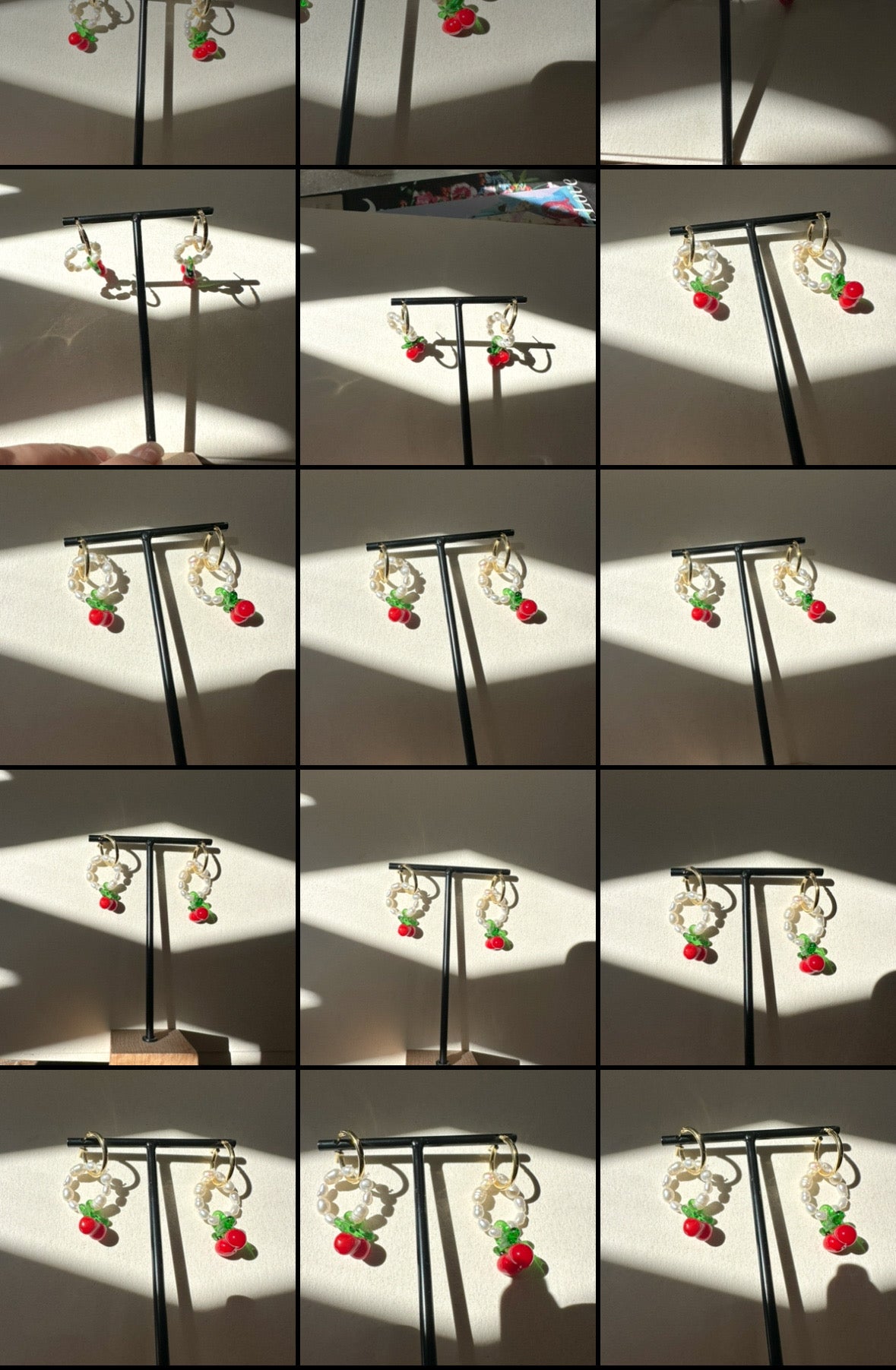 Pendientes de aro con perlas y cerezas.