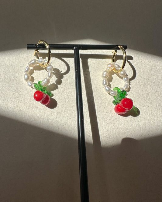 Pearls and cherries hoop earrings.