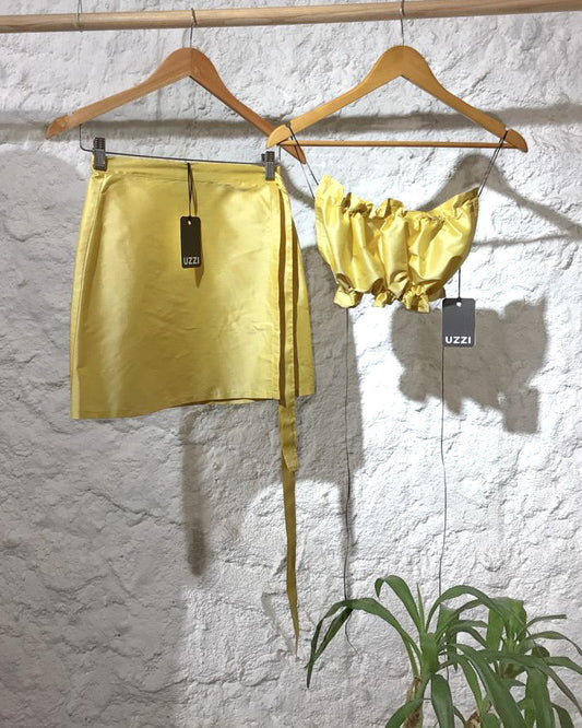 Mini wrap skirt, pastel yellow raw silk