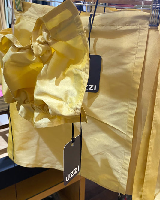 Mini wrap skirt, pastel yellow raw silk