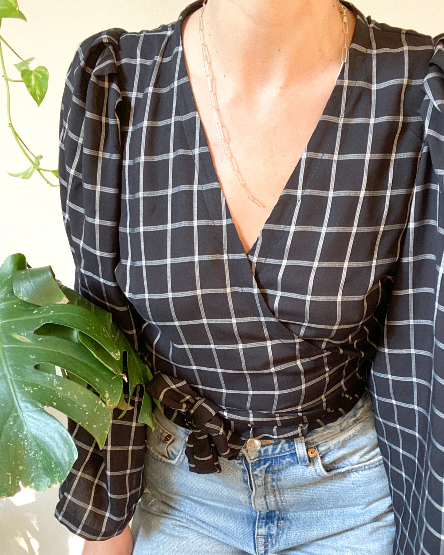 Pleated sleeves wrap blouse, lilac checks.